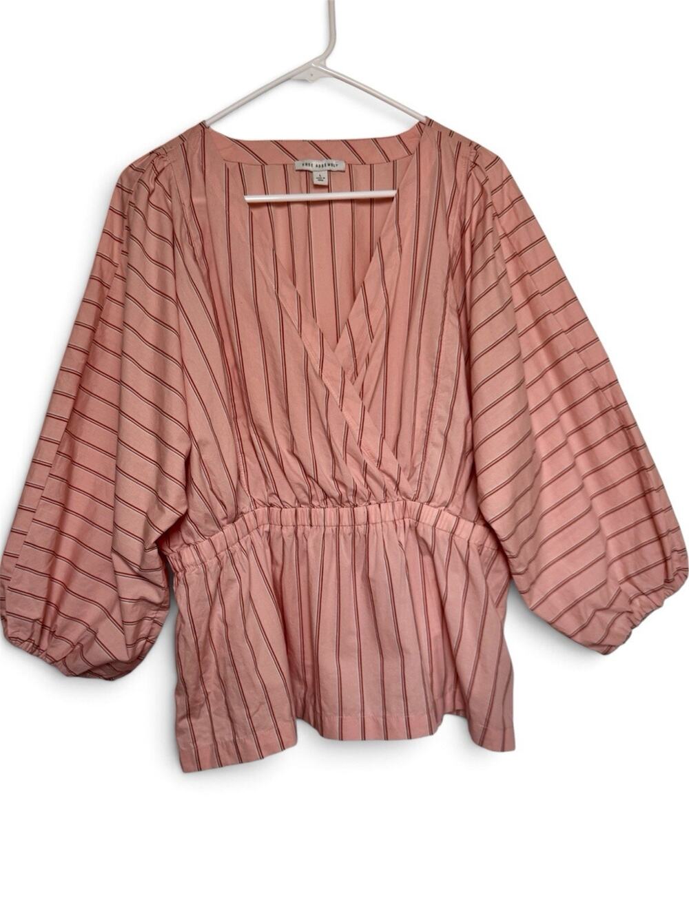 Free Assembly Womens L Pink Striped Wrap Top Puff Sleeve Peplum Blouse Cotton